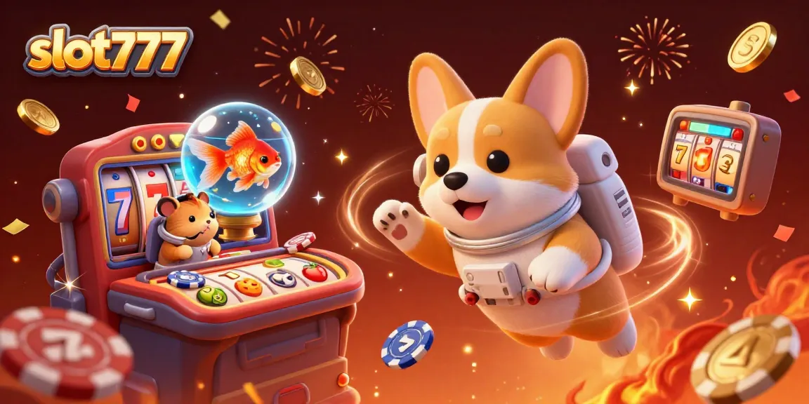Experience exciting gameplay at slot777 with vibrant floating characters and casino elements in space.