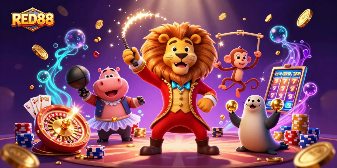 Experience the thrill of RED88 with a vibrant 3D illustration showcasing casino characters and dynamic game elements.