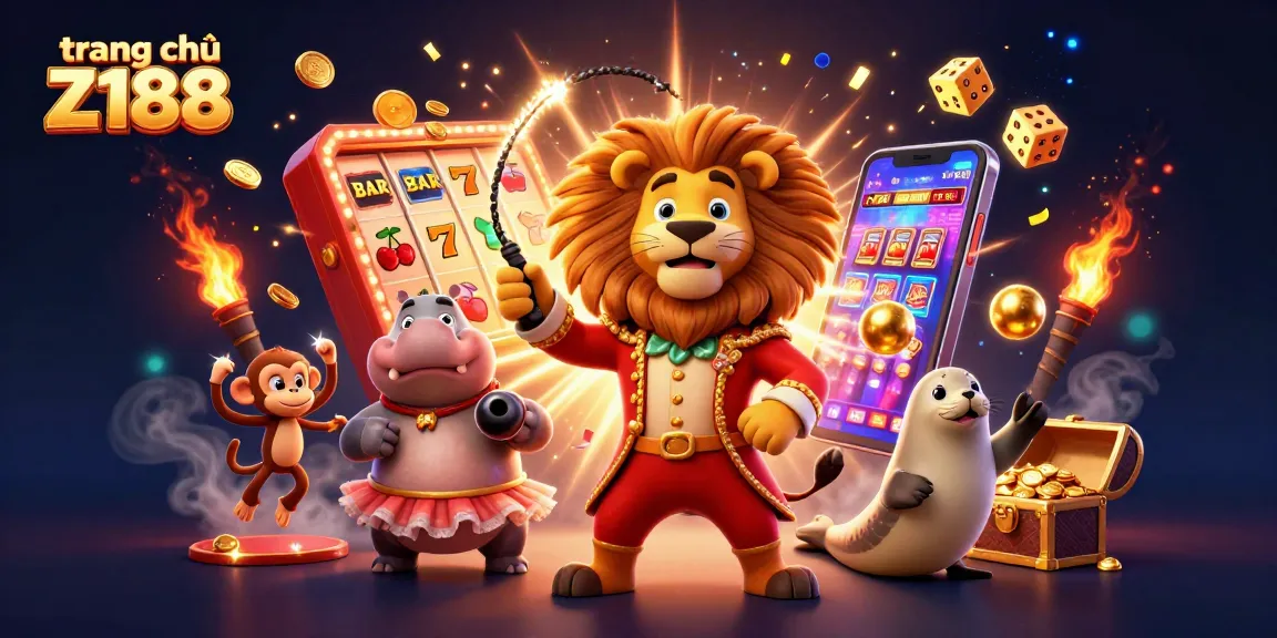 Experience thrilling wins at trang chủ Z188 with a vibrant circus-themed digital casino illustration bursting with action.