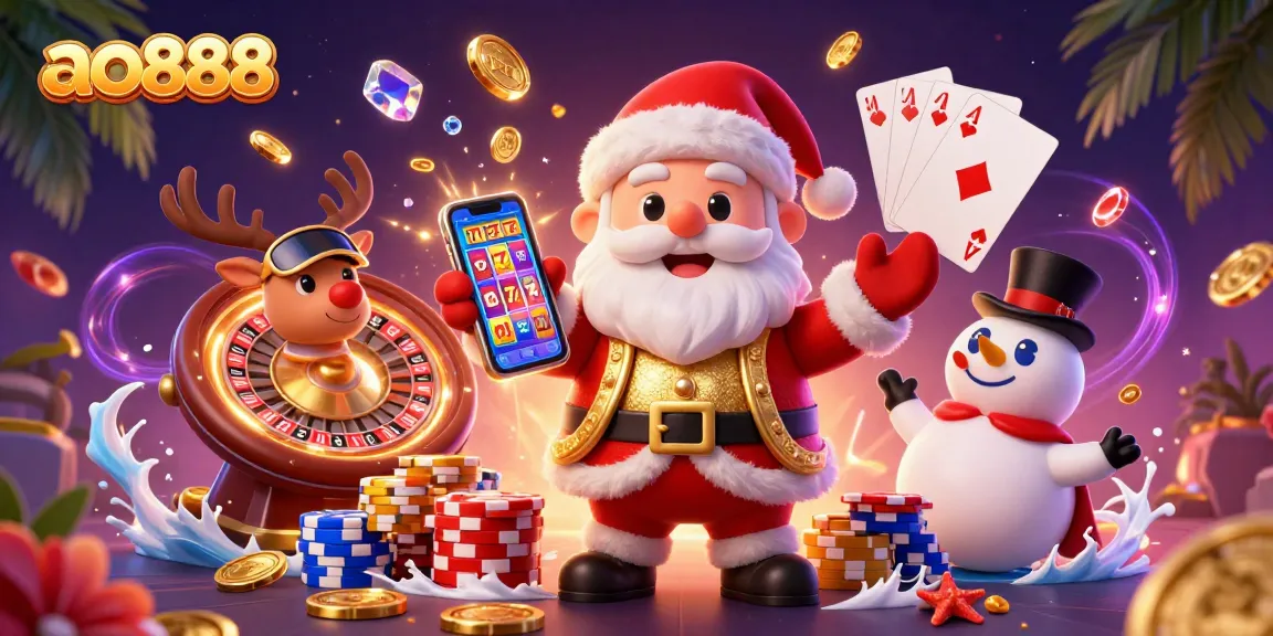 Experience thrilling jackpots with ao888 featuring cartoon Santa and friends in a vibrant casino scene.