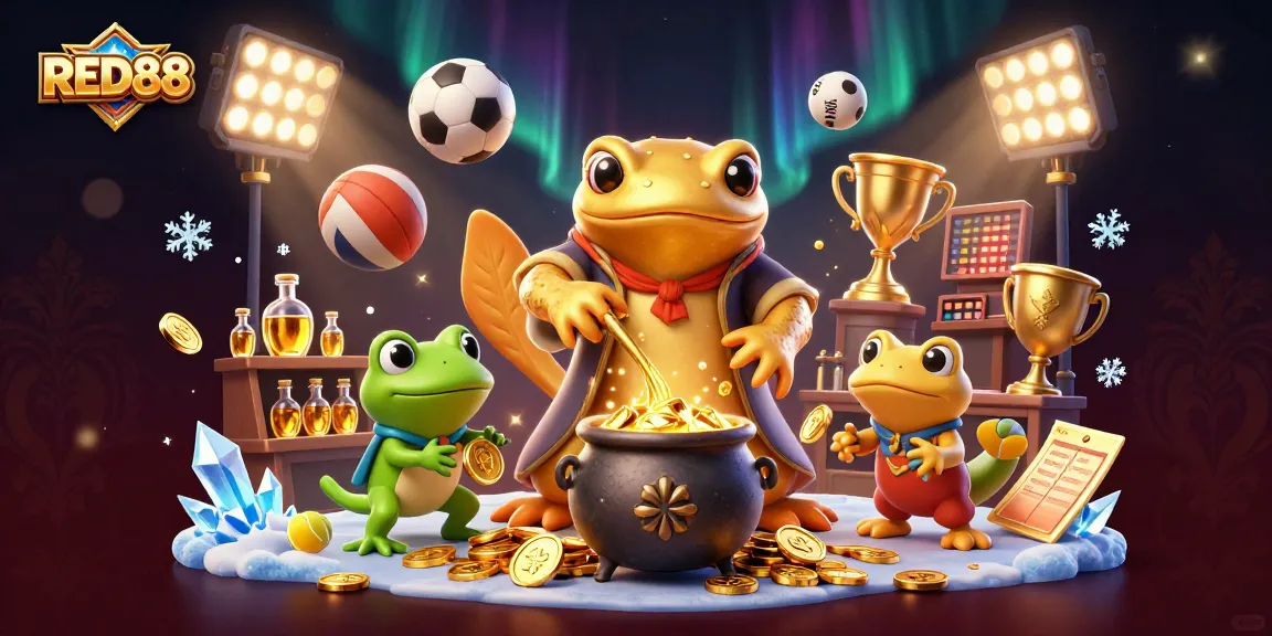 Bet on RED88 with vibrant 3D casino elements illustrating sports betting excitement.